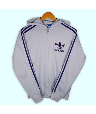 Veste Adidas bleu clair et violet, logo au coeur type velours et capuche.