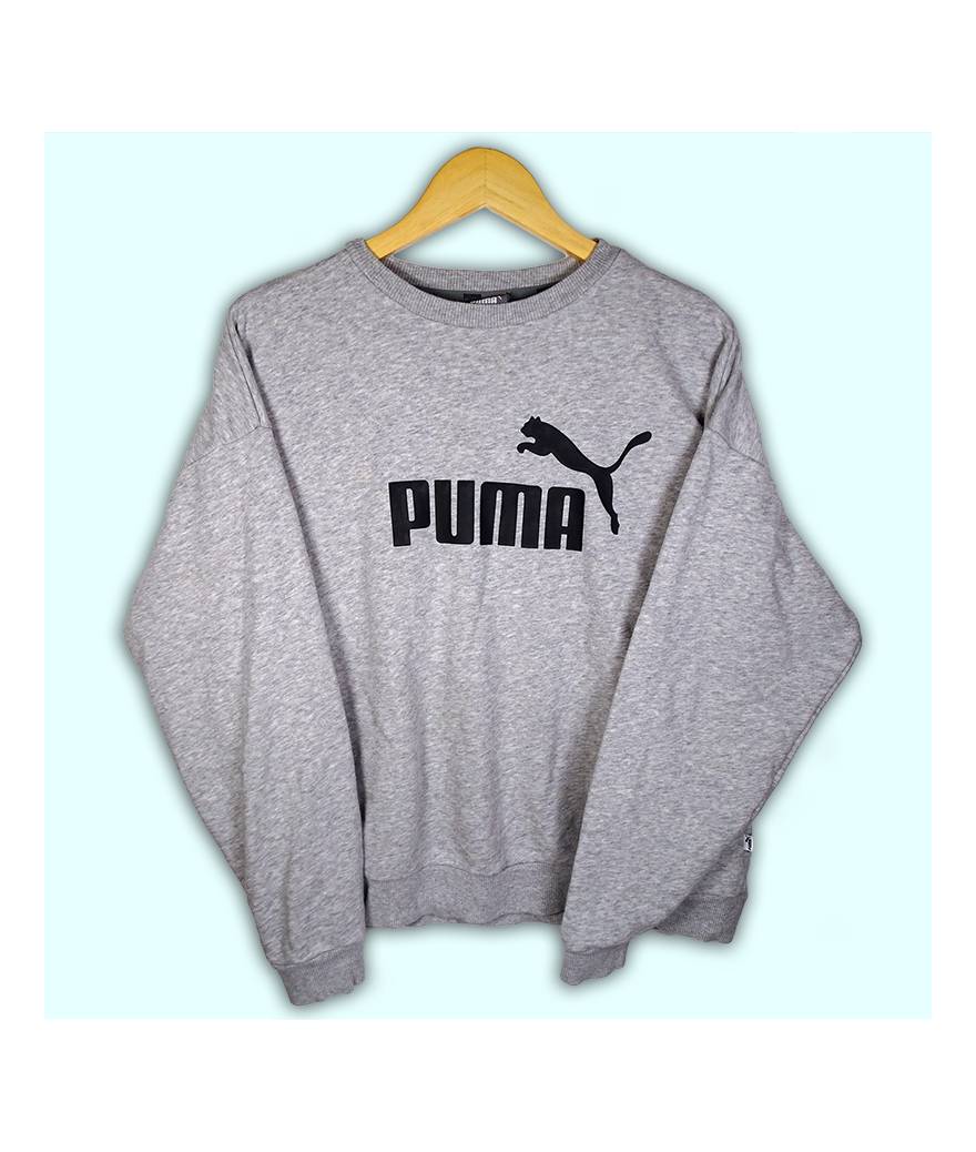 Sweat Puma gris, grand logo noir imprimé à l'avant.
