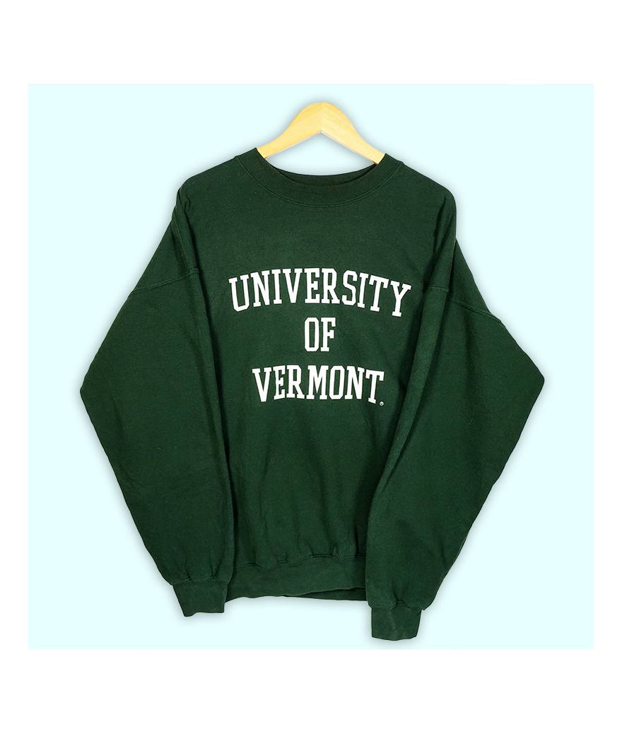 Sweat vert de l'université de Vermont USA. Grand logo imprimé à l'avant. Logo imprimé à l'arrière en patte.
