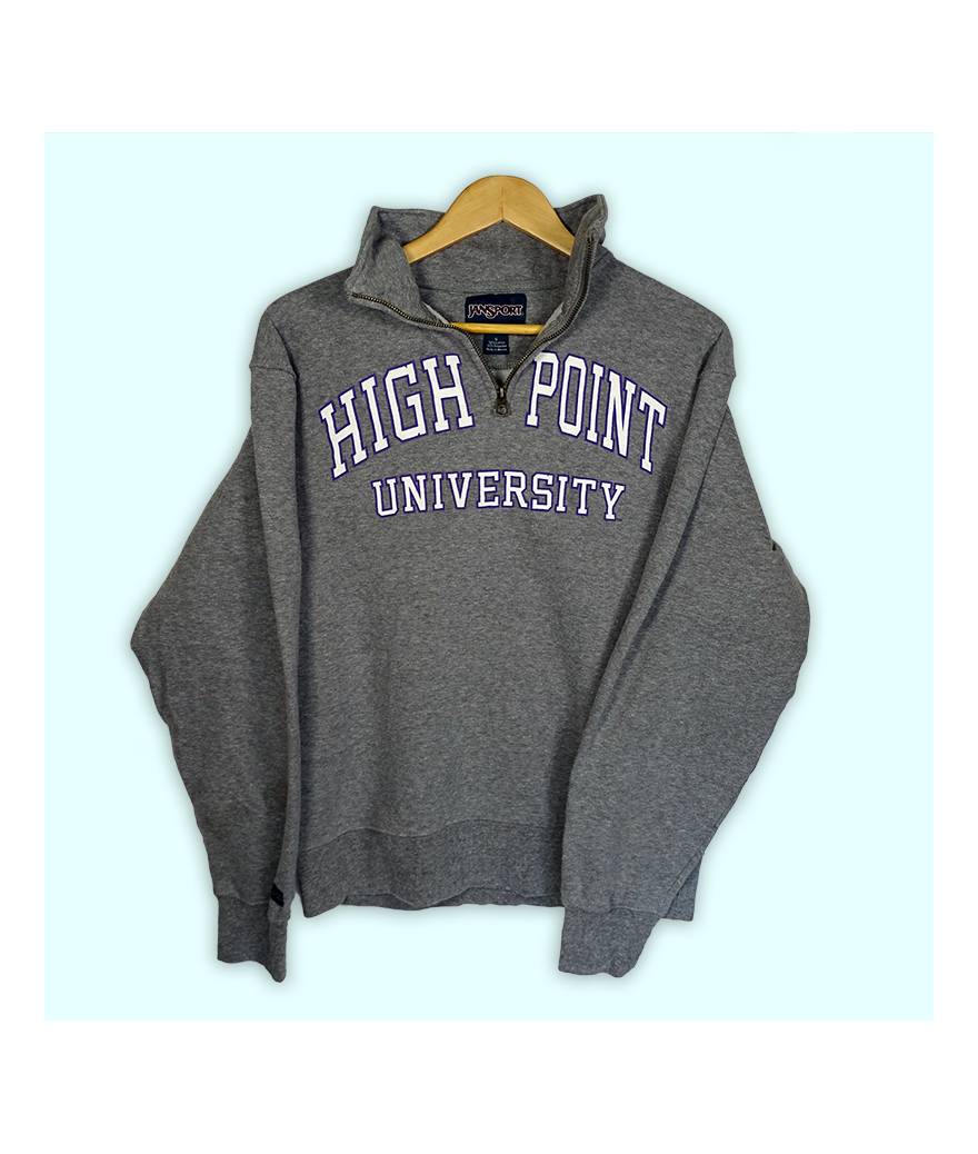 Sweat Jansport USA High point university, zip 1/4 et grand imprimé à l'avant. Sweater gris.