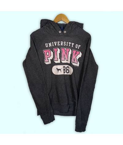 Sweat USA University of Pink Victoria's Secret. Hoodie avec capuche gris, grand imprimé à l'avant., poche kangourou.