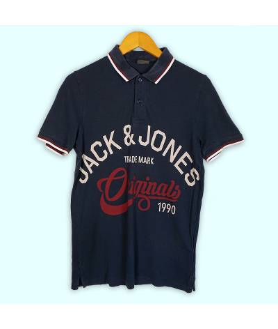 Polo Jack&Jones bleu marine, grand logo imprimé à l'avant.