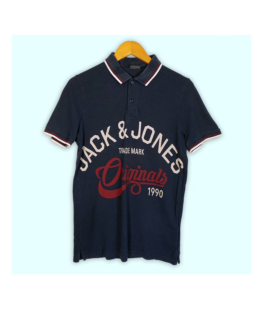 Polo Jack&Jones bleu marine, grand logo imprimé à l'avant.