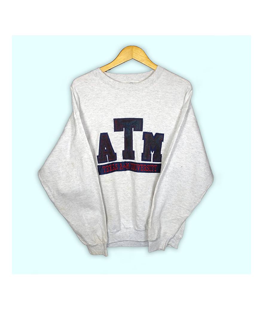 Sweat Texas University ATM. Sweatshirt gris, grand logo central brodé