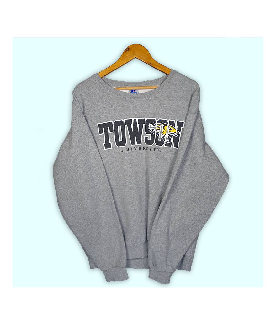 Sweater Towson university gris, grand logo imprimé à l'avant.