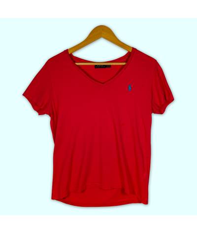 T-Shirt Ralph Lauren rose, col en v et logo brodé bleu
