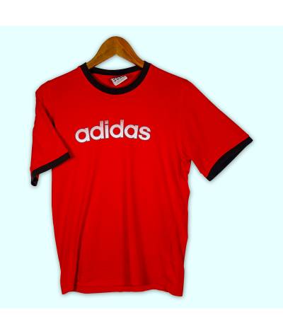 T-shirt Adidas rouge liserait gris, grand logo central imprimé