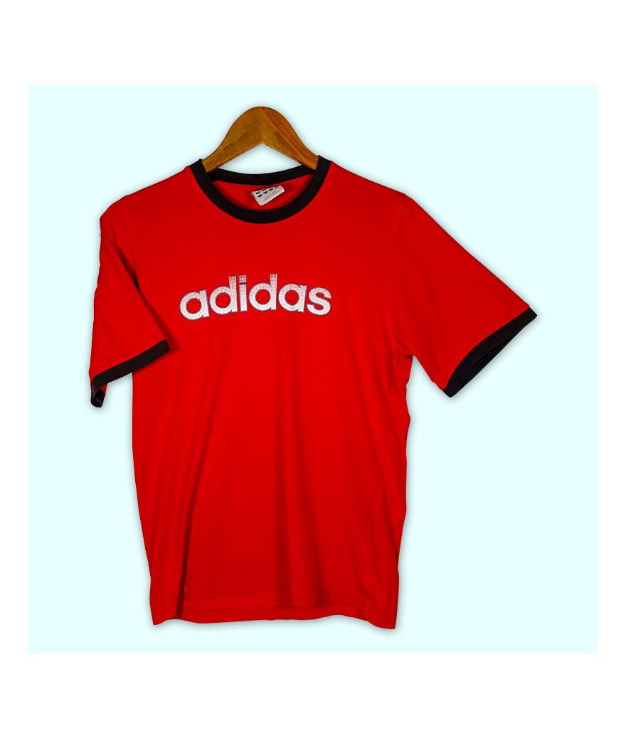 T-shirt Adidas rouge liserait gris, grand logo central imprimé